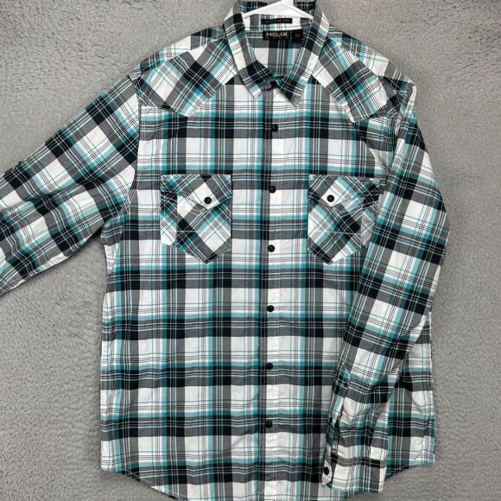 Helix Button Up Shirt Mens XL Blue White Plaid Athletic Fit Snap Flap Pocket